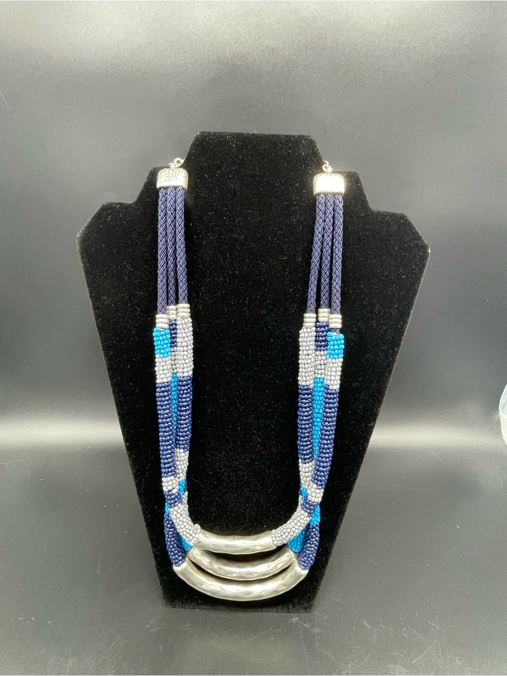 Chico's Blue and Silver Beaded Multi-Strand Necklace with Silver Bars